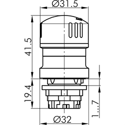 Not-Halt-Taster 2Ö/(1S), Einbau-Ø 22,3mm, mit Kontaktblöcken , Technische Zeichnung