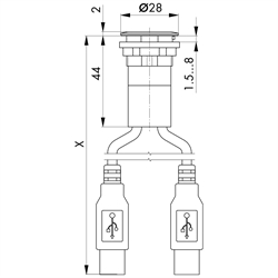 Doppelbuchse USB 3.0, Buchse A / Stecker A (60 cm) , Technische Zeichnung