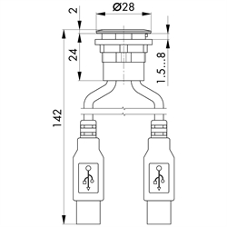 Doppelbuchse USB 2.0, Buchse A / Stecker A (60 cm) , Technische Zeichnung