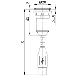 Einbaubuchse USB 3.0, Buchse A / Stecker A (60 cm) , Technische Zeichnung