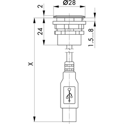 Einbaubuchse USB 2.0, Buchse A / Stecker A (60 cm) , Technische Zeichnung
