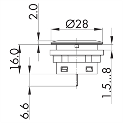 Drucktaster taktil, Wechselkontakt, Einbau-Ø 22,3mm, Flachstecker , Technische Zeichnung