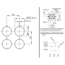 Drucktaster taktil, Wechselkontakt, Einbau-Ø 22,3mm, Flachstecker , Technische Zeichnung