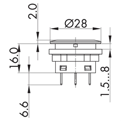 Leuchtdrucktaster taktil, Wechselkontakt, Einbau-Ø 22,3mm, Flachstecker , Technische Zeichnung