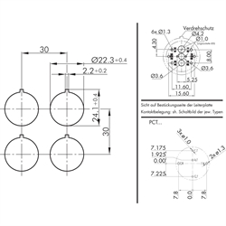 Leuchtdrucktaster taktil, Wechselkontakt, Einbau-Ø 22,3mm, Flachstecker , Technische Zeichnung