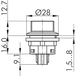 Wahltaster tastend 1S, Schaltwinkel 40°, Einbau-Ø 22,3mm, Flachstecker , Technische Zeichnung
