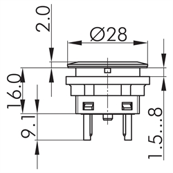 Drucktaster 1S, Einbau-Ø 22,3mm, Flachstecker , Technische Zeichnung