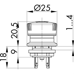 Not-Halt-Taster 2Ö, Einbau-Ø 16,2mm, Flachstecker , Technische Zeichnung