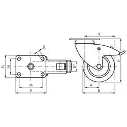 Apparaterolle mit Lochplatte TPE-Rad Gummi grau schwere Ausführung Lenkrolle mit Feststeller Rad-Ø 125, Technische Zeichnung