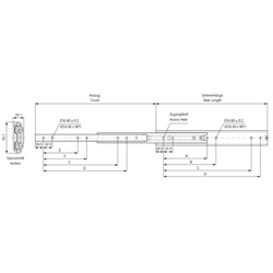 Auszugschienensatz DA 5321 Schienenlänge 790mm Aluminium, Technische Zeichnung