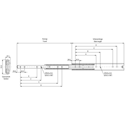 Auszugschienensatz DS 5334 Schienenlänge 500mm rostfreier Stahl 1.4301, Technische Zeichnung