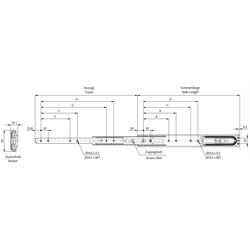 Auszugschienensatz DS 5334 EC Schienenlänge 790mm rostfreier Stahl 1.4301, Technische Zeichnung