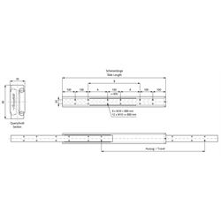 Auszugschiene DZ 4180 Schienenlänge 600mm hell verzinkt, Technische Zeichnung