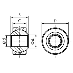 Gelenklager DIN ISO 12240-1-K Reihe G ohne Außenring Bohrung 14mm Außendurchmesser 28mm Edelstahl rostfrei == Vor Inbetriebnahme ist eine Erstschmierung erforderlich ==, Technische Zeichnung