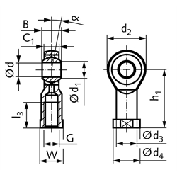 Gelenkkopf GT-R DIN ISO 12240-4 Maßreihe K Innengewinde M42x2 rechts wartungsfrei und rostfrei, Technische Zeichnung