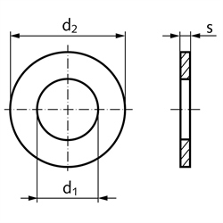 Unterlegscheibe DIN EN ISO 7089 (DIN 125 A) für Gewinde M10 (10,5x20,0x2,0mm) Material rostfrei V2A, Technische Zeichnung