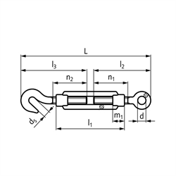 Spannschloss DIN 1480 mit Haken und Öse Gewinde M12 Material S235 galvanisch verzinkt, Technische Zeichnung