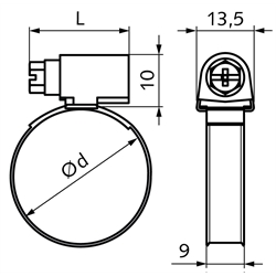 Schlauchschelle DIN 3017 A Typ W1 Stahl verzinkt Spannbereich 32-50mm Bandbreite 9mm, Technische Zeichnung