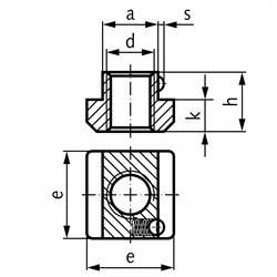 Mutter DIN 508 mit Kugel für T-Nut 10mm DIN 650 Gewinde M8 Güteklasse 10, Technische Zeichnung