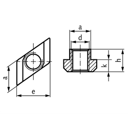 Mutter DIN 508 Rhombus für T-Nut 16mm DIN 650 Gewinde M14 Güteklasse 10, Technische Zeichnung