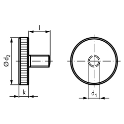 Flache Rändelschraube DIN 653 M6 x 16mm lang Stahl Festigkeit 5.8 brüniert, Technische Zeichnung