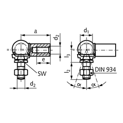 Winkelgelenk DIN 71802 Ausführung CS mit Sicherungsbügel Größe 16 Gewinde M10 rechts mit Mutter Edelstahl 1.4301 mit montierter Dichtkappe, Technische Zeichnung