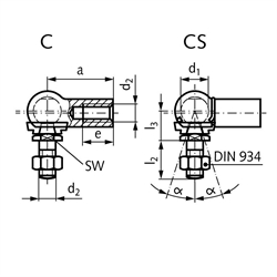 Winkelgelenk DIN 71802 Ausführung CS mit Sicherungsbügel Größe 13 Gewinde M8 rechts mit Mutter Stahl verzinkt mit montierter Dichtkappe, Technische Zeichnung