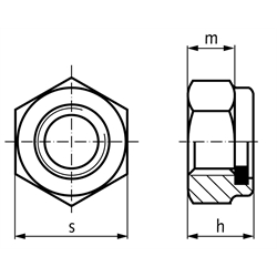 Sechskantmutter DIN 985 (ähnlich DIN EN ISO 10511) mit Klemmteil aus Polyamid M3 Stahl verzinkt Festigkeit 8, Technische Zeichnung