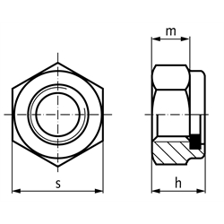 Sechskantmutter DIN 985 (ähnlich DIN EN ISO 10511) mit Klemmteil aus Polyamid M6 Edelstahl A2, Technische Zeichnung