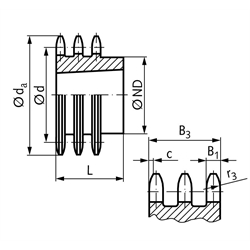 Dreifach-Kettenrad DRT 16 B-3 1"x17,02mm 57 Zähne Material Grauguss für Taper-Spannbuchse Typ 4040, Technische Zeichnung