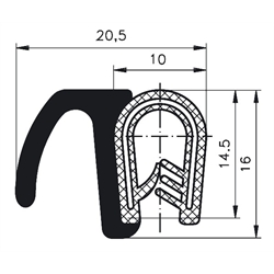 Kantenschutzprofil PVC/EPDM Klemmbereich 1,0 - 4,0 mm Gesamthöhe 16mm Gesamtbreite 20,5mm, Technische Zeichnung