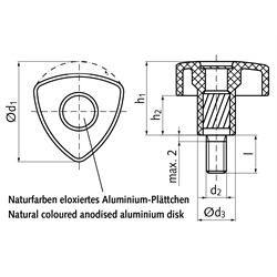 Dreikantgriffschraube aus Thermoplast d1=32mm Außengewinde M6 x 40mm lang , Technische Zeichnung