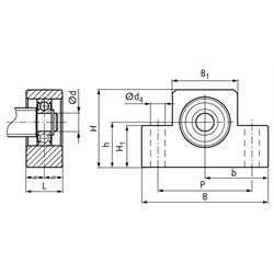 Stehlagereinheit EF 20 Bohrung 20mm Gehäuse aus Stahl vernickelt, Technische Zeichnung