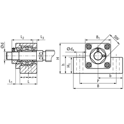 Stehlagereinheit EK 20 Bohrung 20mm Gehäuse aus Stahl vernickelt, Technische Zeichnung