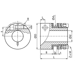 Rutschnabe FA-K Baugröße 0 Drehmoment einstellbar 2-10Nm Außendurchmesser 45mm max. Bohrung: 22mm mit Klemmnabe, Technische Zeichnung