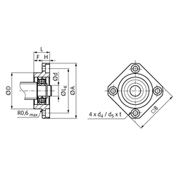 Flanschlagereinheit FF 10 Bohrung 8mm Gehäuse aus Stahl brüniert, Technische Zeichnung