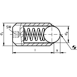 Federndes Druckstück M24 mit Kugel und Innensechskant Edelstahl 1.4305, Technische Zeichnung