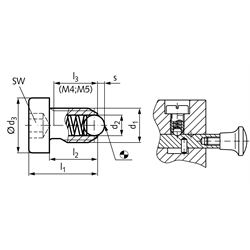 Federndes Druckstück M4 Ausführung AS mit Kugel und Kopf mit Innensechskant verstärkt Stahl brüniert, Technische Zeichnung