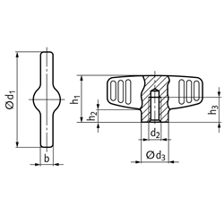 Flügelmutter aus Edelstahl d1=46mm Innengewinde M6 , Technische Zeichnung