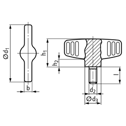 Flügelschraube aus Edelstahl d1=46mm Außengewinde M6 x 20mm , Technische Zeichnung