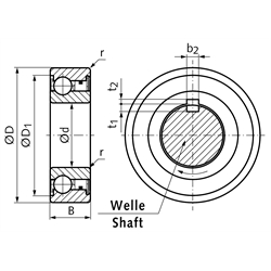 Kugellager-Freilauf BB20-1K-K Innen-Ø 20mm Außen-Ø 47mm Breite 14mm mit Passfedernut am Innenring, Technische Zeichnung