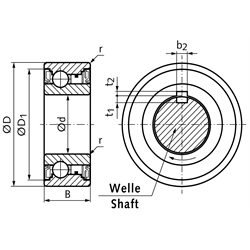 Kugellager-Freilauf BB40-2GD 1K-K Innen-Ø 40mm Außen-Ø 80mm Breite 27mm mit Lippendichtungen und Passfedernut, Technische Zeichnung