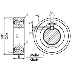 Kugellager-Freilauf BB35-2K-K Innen-Ø 35mm Außen-Ø 72mm Breite 17mm mit Nut am Innenring und Außenring, Technische Zeichnung