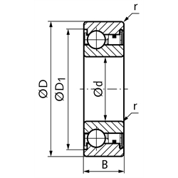 Kugellager-Freilauf BB20 Innen-Ø 20mm Außen-Ø 47mm Breite 14mm ohne Passfedernut, Technische Zeichnung