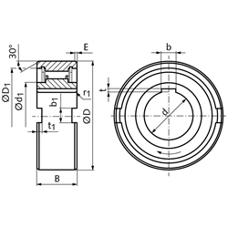 Einbau-Freilauf TFS-50 Innen-Ø 50mm Außen-Ø 110mm Breite 40mm mit Nut am Innenring und radialen Nuten am Außenring, Technische Zeichnung