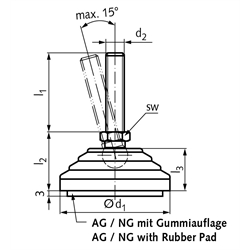 Gelenkfuss 344.5 Form N M20 x 98mm lang Tellerdurchmesser 80mm Schraube aus Edelstahl , Technische Zeichnung