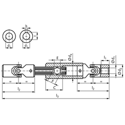 Ausziehbare Präzisionsgelenkwelle PWN mit Nadellager beidseitig Bohrung 22H7 mit Nut DIN 6885-1 Toleranz JS9 zusammengeschobene Länge 330mm max. Länge 430mm Stahl, Technische Zeichnung