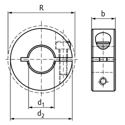 Geschlitzter Klemmring Edelstahl 1.4305 Bohrung 22mm mit Schraube DIN 912 A2-70 , Technische Zeichnung