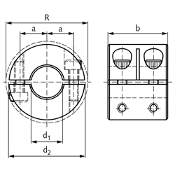 Geteilter Klemmring breit Edelstahl 1.4305 Bohrung 50mm mit Schrauben DIN 912 A2-70 , Technische Zeichnung