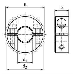 Geteilter Klemmring aus Aluminium eloxiert Bohrung 22mm mit Schrauben DIN 912 A2-70 , Technische Zeichnung